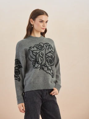 Latin Quarters Women's Grey Full Sleeves Round Neck Self Design Casual Hip Length Sweater