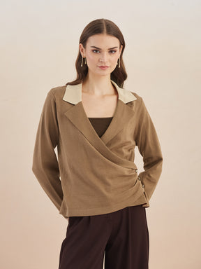 Latin Quarters Women's Brown Full Sleeves Spread Collar Solid Casual Regular Sweatshirt