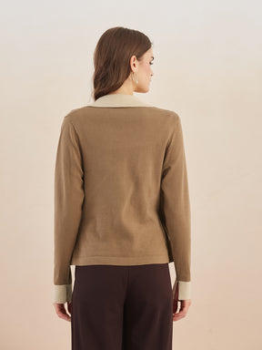 Latin Quarters Women's Brown Full Sleeves Spread Collar Solid Casual Regular Sweatshirt