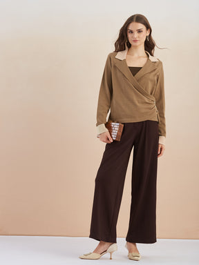 Latin Quarters Women's Brown Full Sleeves Spread Collar Solid Casual Regular Sweatshirt