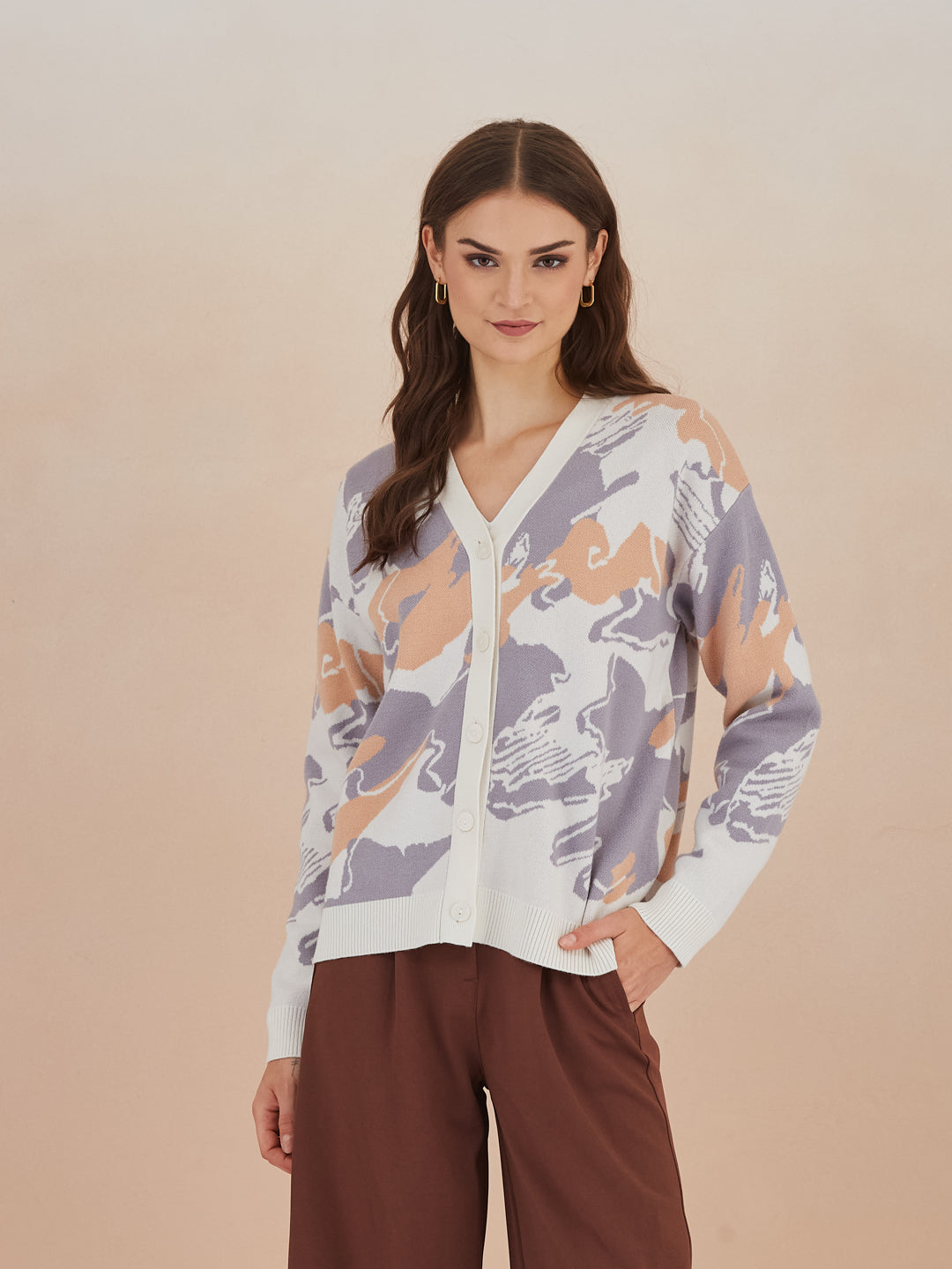 Latin Quarters Women's Ivory Full Sleeves V-Neck Self Design Casual Regular Cardigan