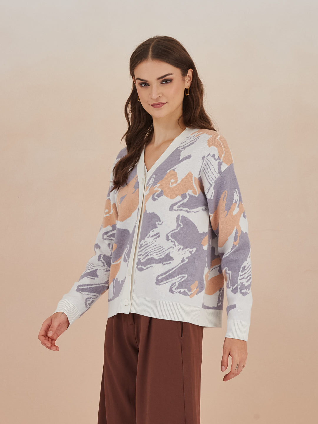 Latin Quarters Women's Ivory Full Sleeves V-Neck Self Design Casual Regular Cardigan