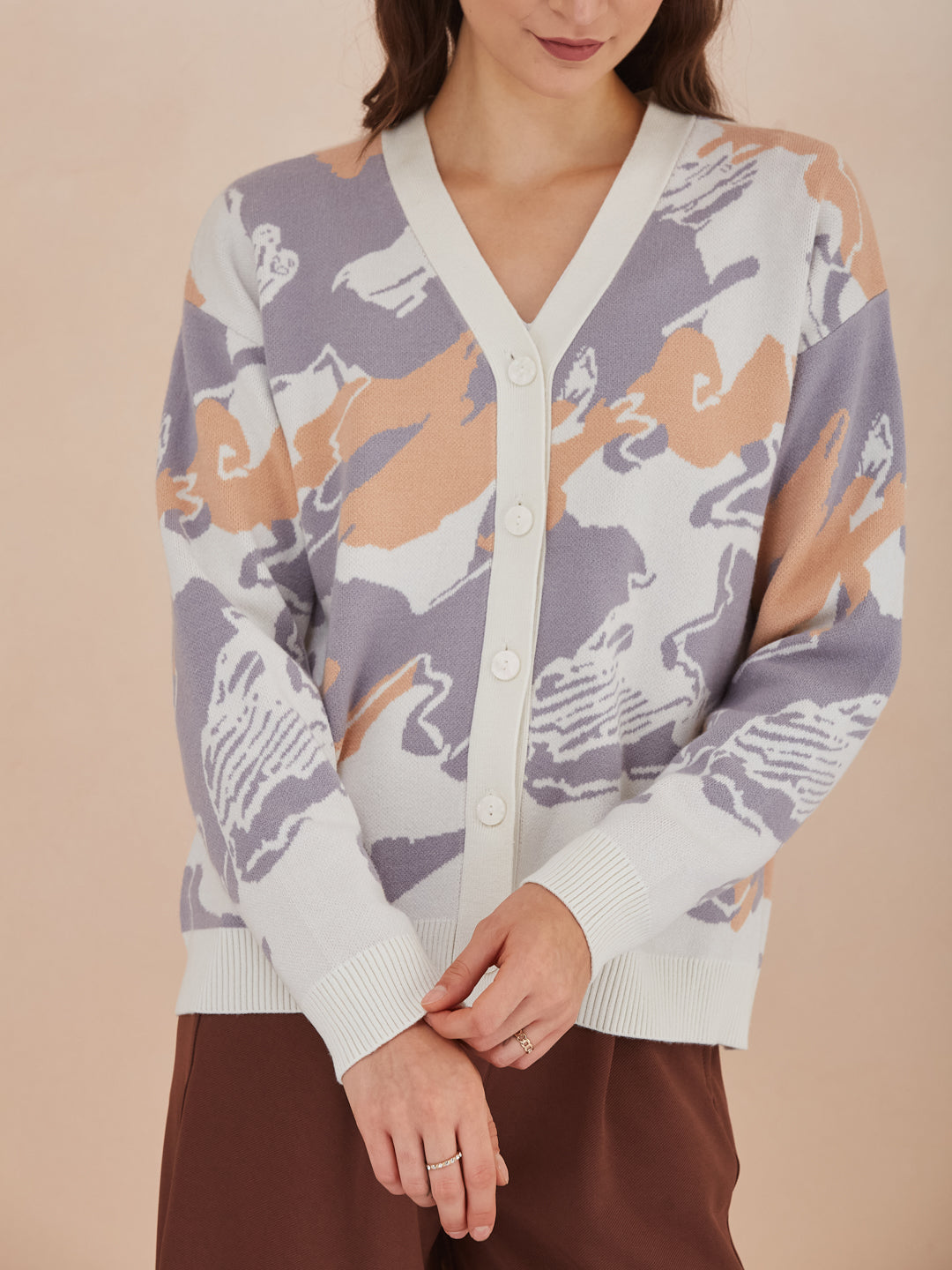 Latin Quarters Women's Ivory Full Sleeves V-Neck Self Design Casual Regular Cardigan
