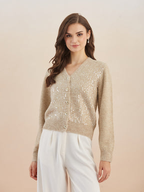 Latin Quarters Women's Beige Full Sleeves V-Neck Self Design Casual Regular Cardigan
