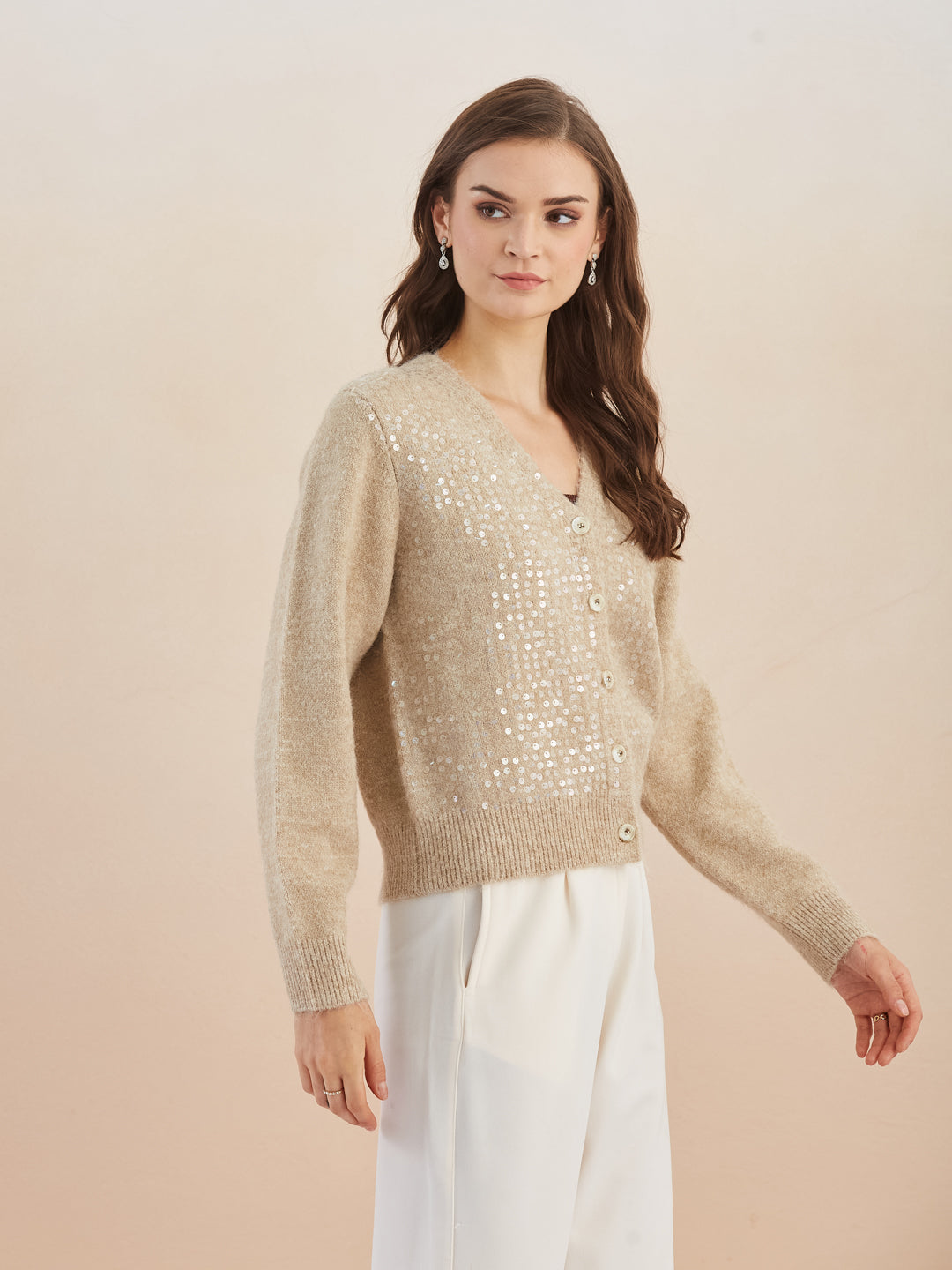 Latin Quarters Women's Beige Full Sleeves V-Neck Self Design Casual Regular Cardigan