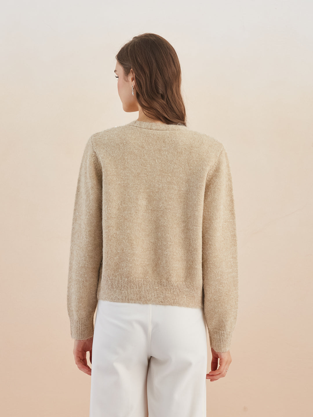 Latin Quarters Women's Beige Full Sleeves V-Neck Self Design Casual Regular Cardigan