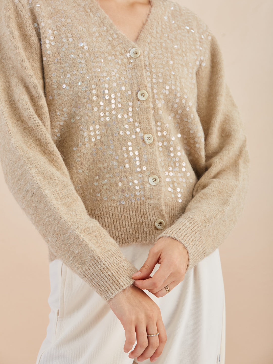 Latin Quarters Women's Beige Full Sleeves V-Neck Self Design Casual Regular Cardigan