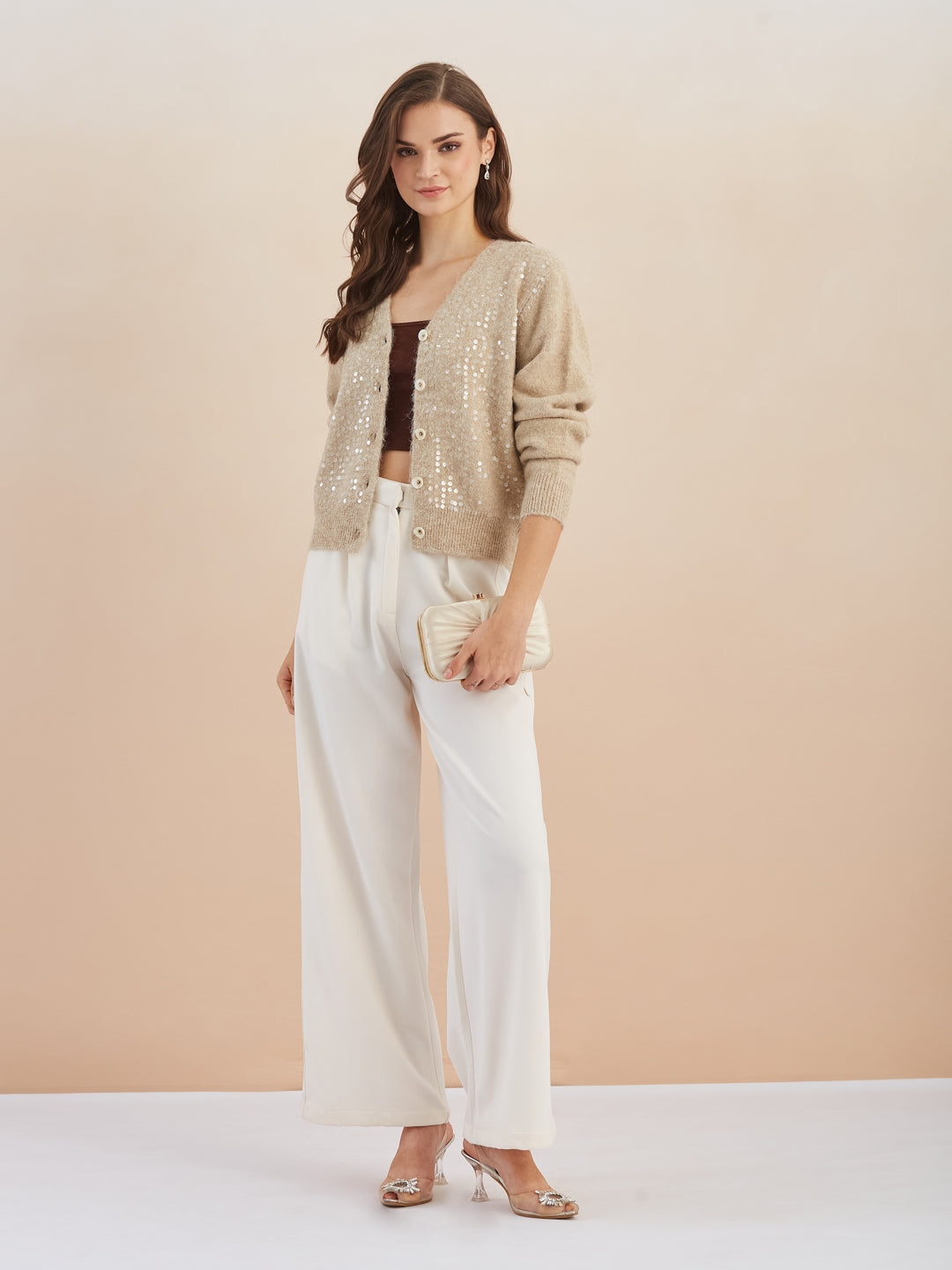 Latin Quarters Women's Beige Full Sleeves V-Neck Self Design Casual Regular Cardigan