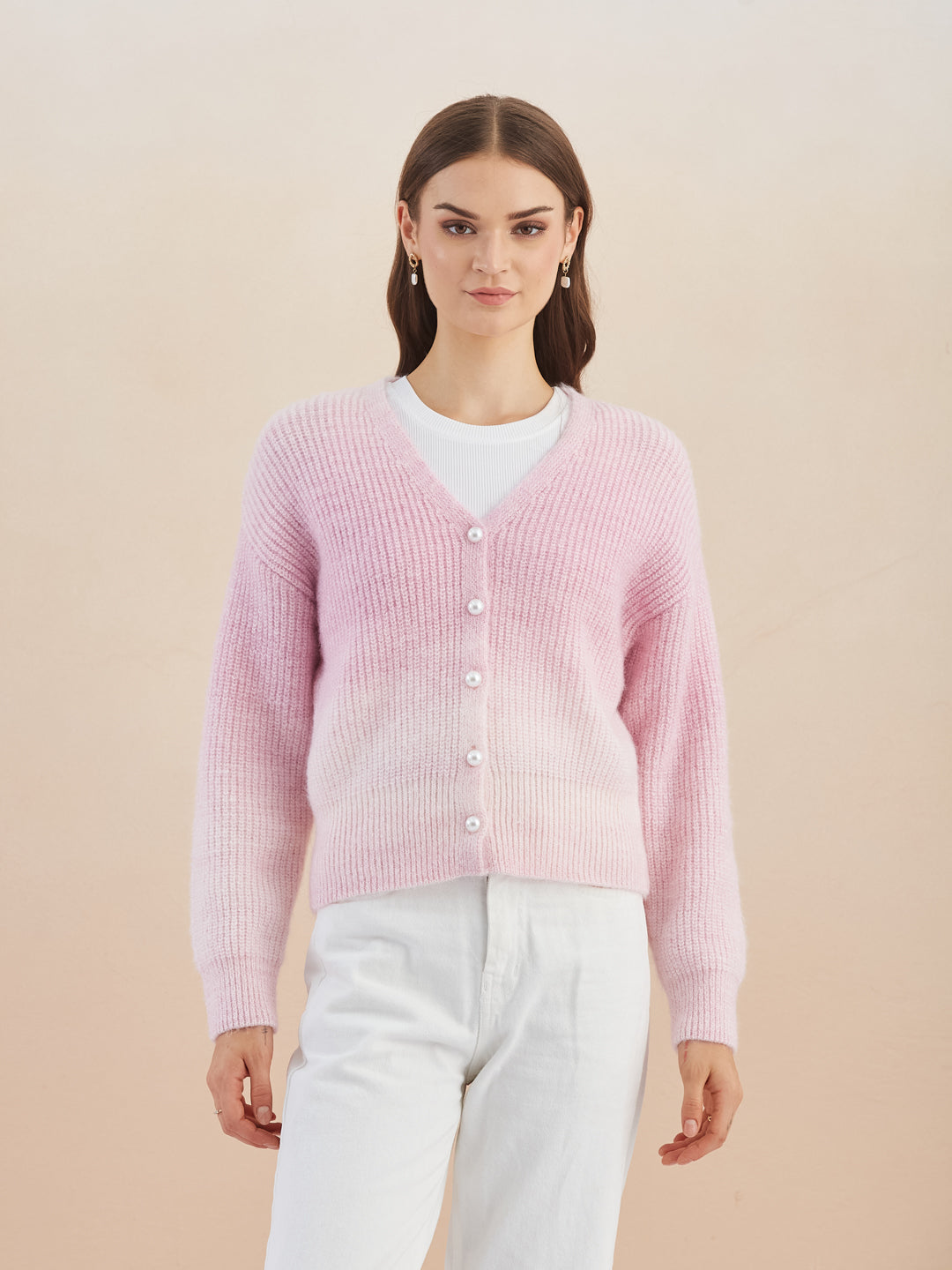 Latin Quarters Women'S Pink V-Neck Full Sleeves Solid Casual Cardigan