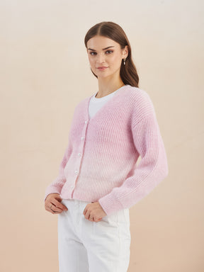Latin Quarters Women'S Pink V-Neck Full Sleeves Solid Casual Cardigan