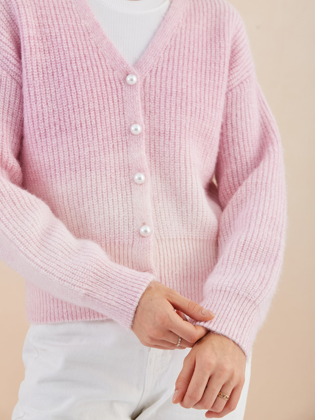 Latin Quarters Women'S Pink V-Neck Full Sleeves Solid Casual Cardigan