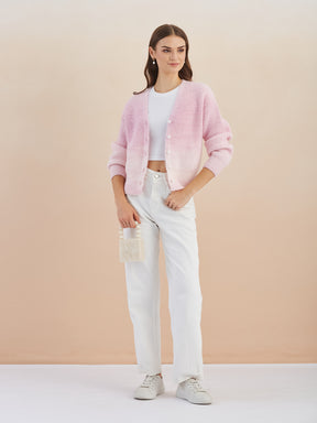 Latin Quarters Women'S Pink V-Neck Full Sleeves Solid Casual Cardigan