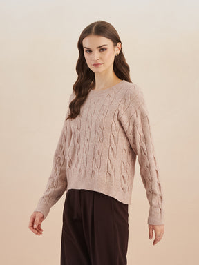 Latin Quarters Women'S Beige Round Neck Full Sleeves Self Design Casual Sweater