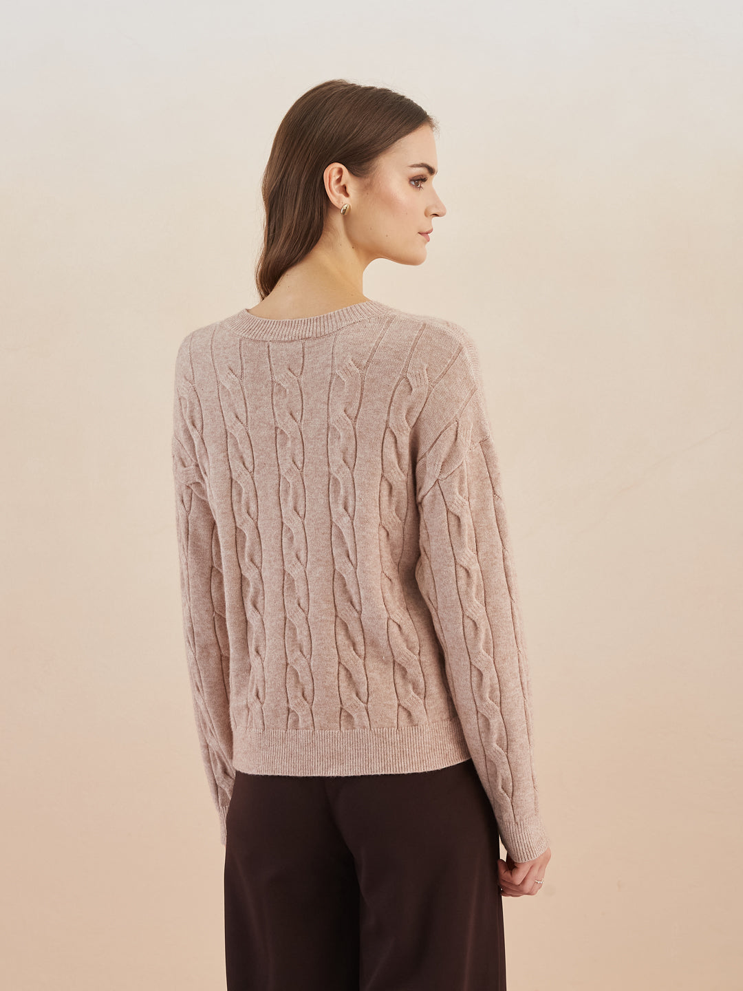 Latin Quarters Women'S Beige Round Neck Full Sleeves Self Design Casual Sweater