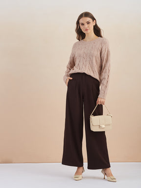 Latin Quarters Women'S Beige Round Neck Full Sleeves Self Design Casual Sweater