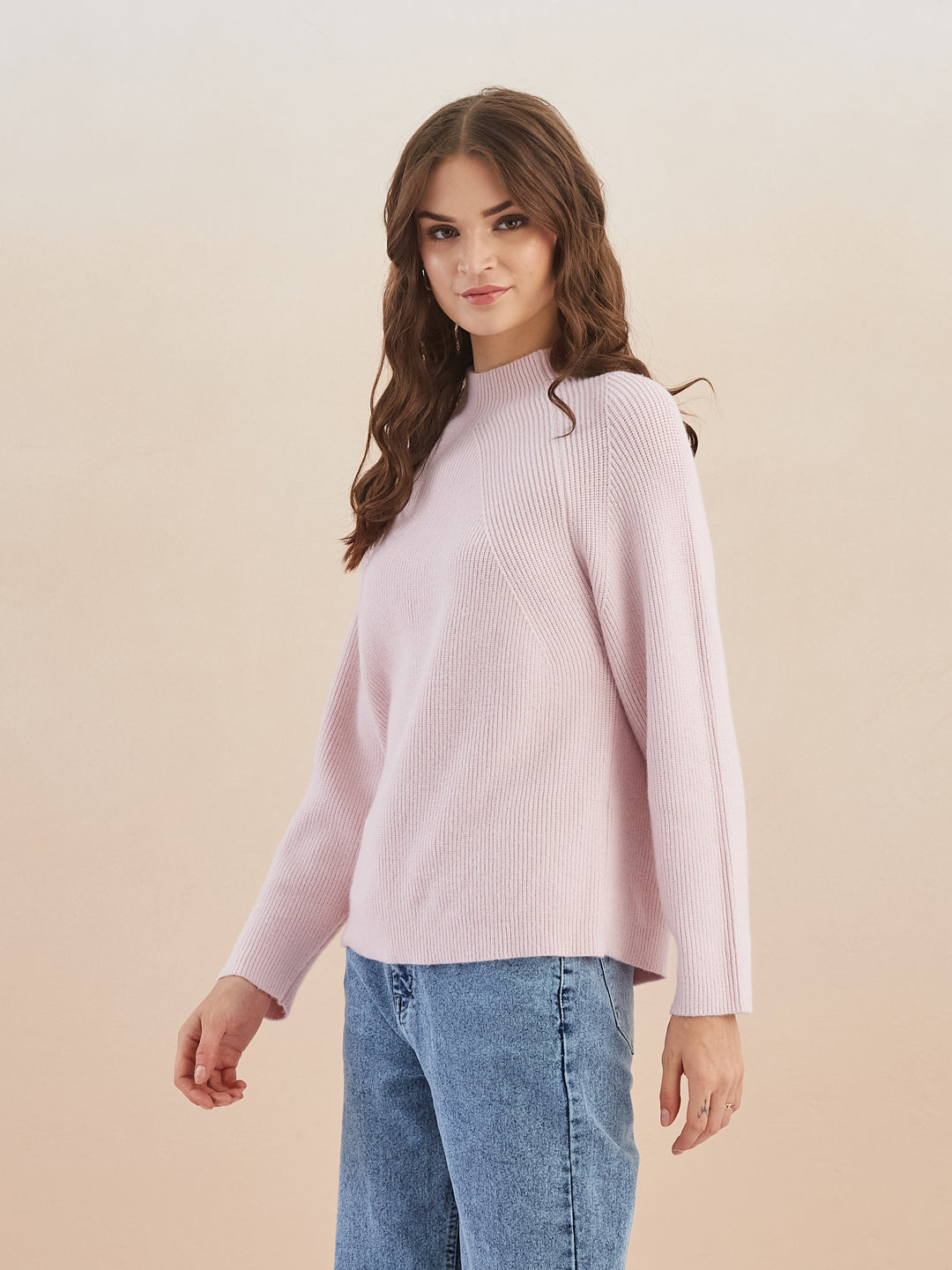 Latin Quarters Women'S Pink Turtle Neck Full Sleeves Solid Casual Sweater