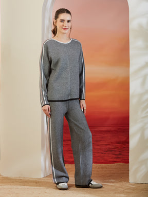 Latin Quarters Women's Solid Grey Full Sleeve Round Neck Casual High Rise Co-Ord Set