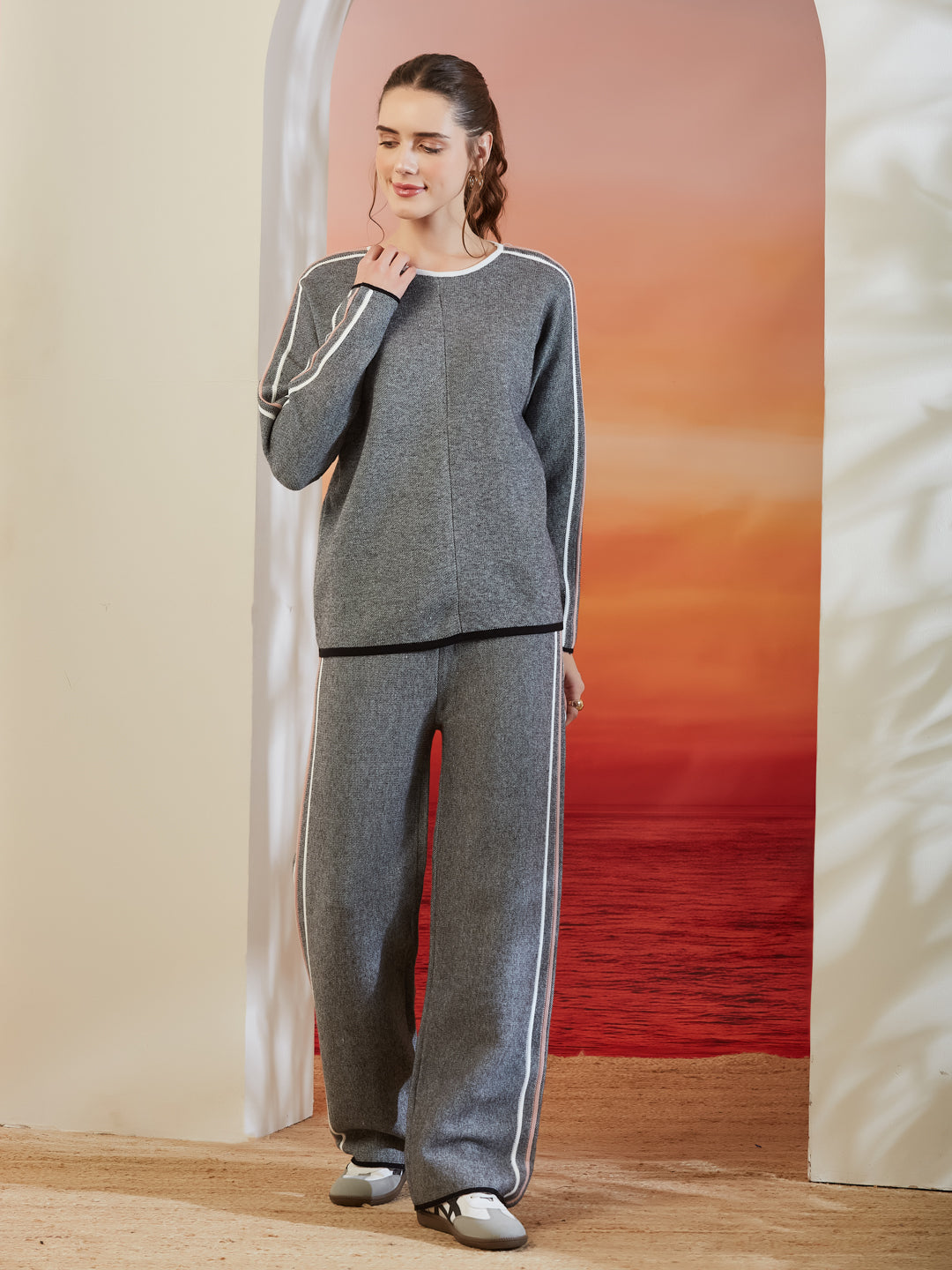 Latin Quarters Women's Solid Grey Full Sleeve Round Neck Casual High Rise Co-Ord Set