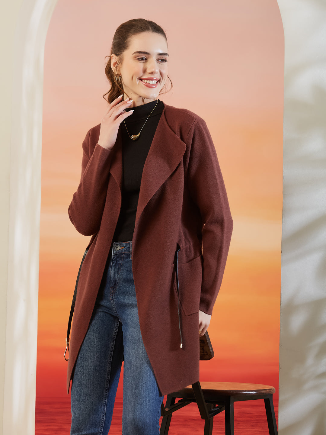 Latin Quarters Women's Solid Brown Full Sleeve Lapel Collar Casual Shrug