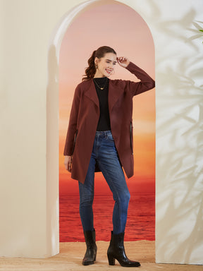 Latin Quarters Women's Solid Brown Full Sleeve Lapel Collar Casual Shrug