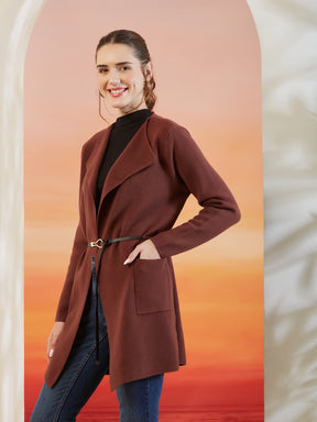 Latin Quarters Women's Solid Brown Full Sleeve Lapel Collar Casual Shrug