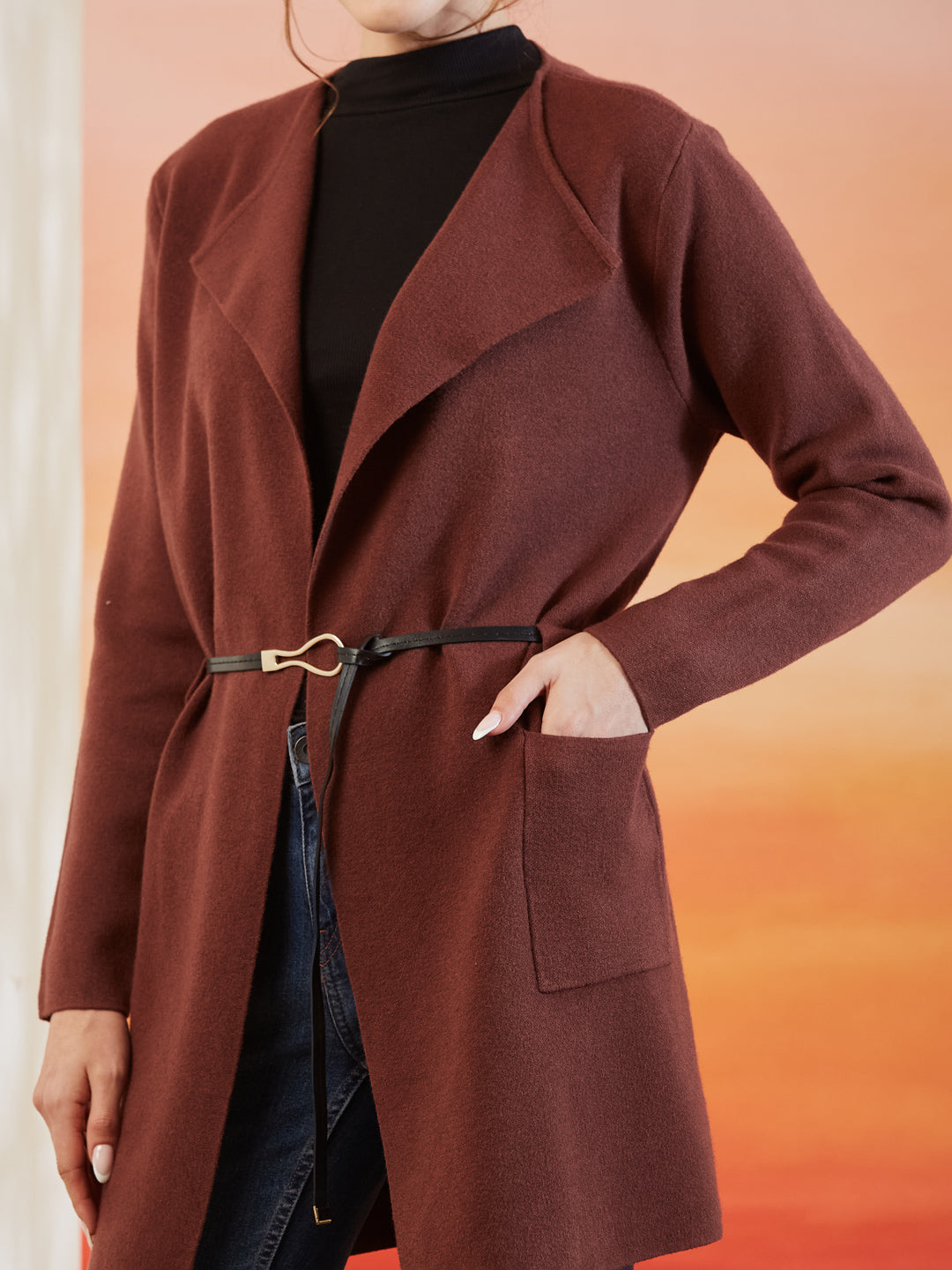 Latin Quarters Women's Solid Brown Full Sleeve Lapel Collar Casual Shrug