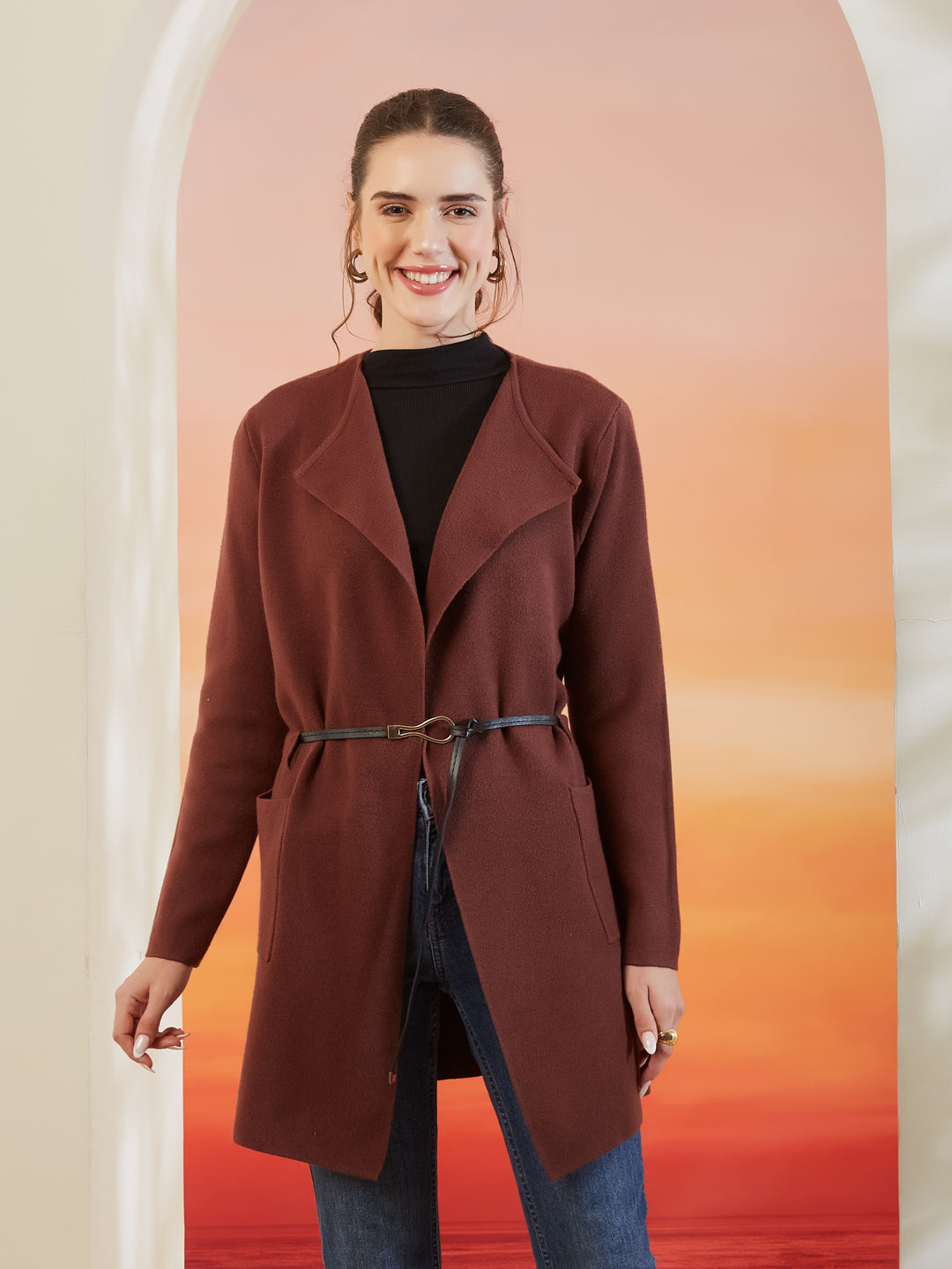 Latin Quarters Women's Solid Brown Full Sleeve Lapel Collar Casual Shrug