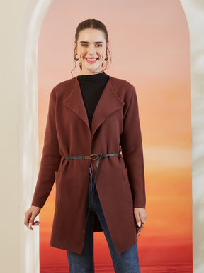 Latin Quarters Women's Solid Brown Full Sleeve Lapel Collar Casual Shrug