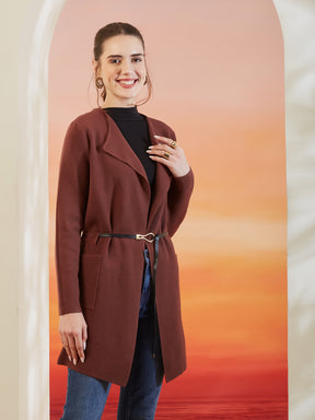 Latin Quarters Women's Solid Brown Full Sleeve Lapel Collar Casual Shrug