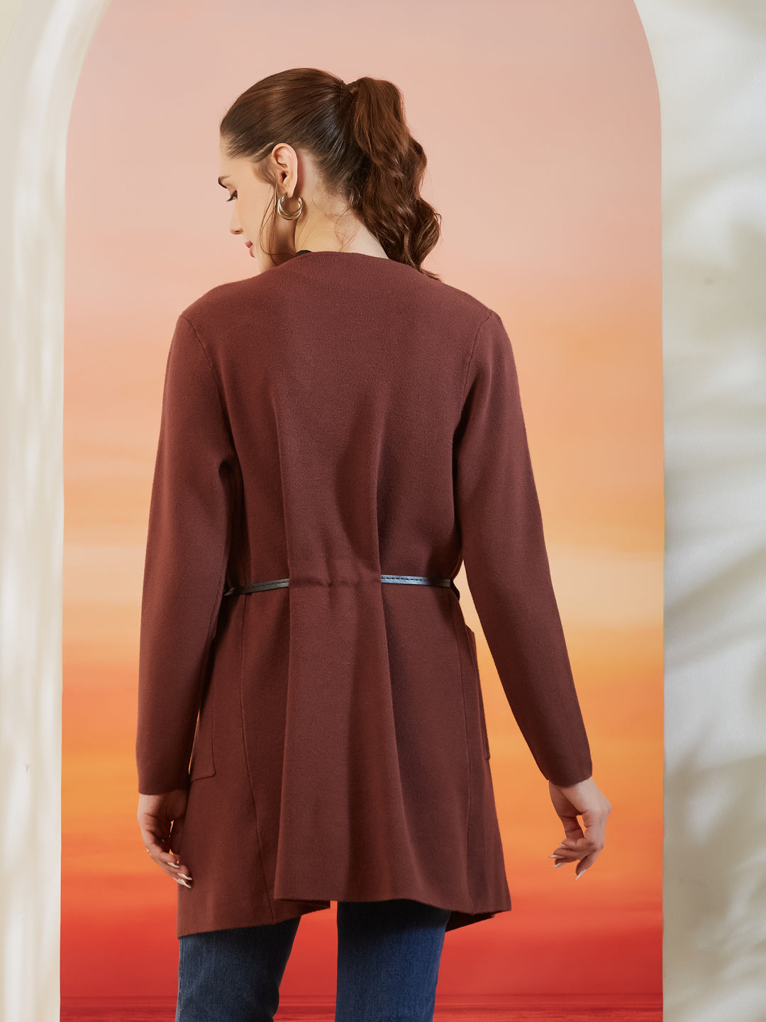 Latin Quarters Women's Solid Brown Full Sleeve Lapel Collar Casual Shrug
