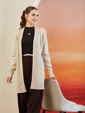 Latin Quarters Women Beige Shawl Neck Full Sleeve Solid Casual Shrug