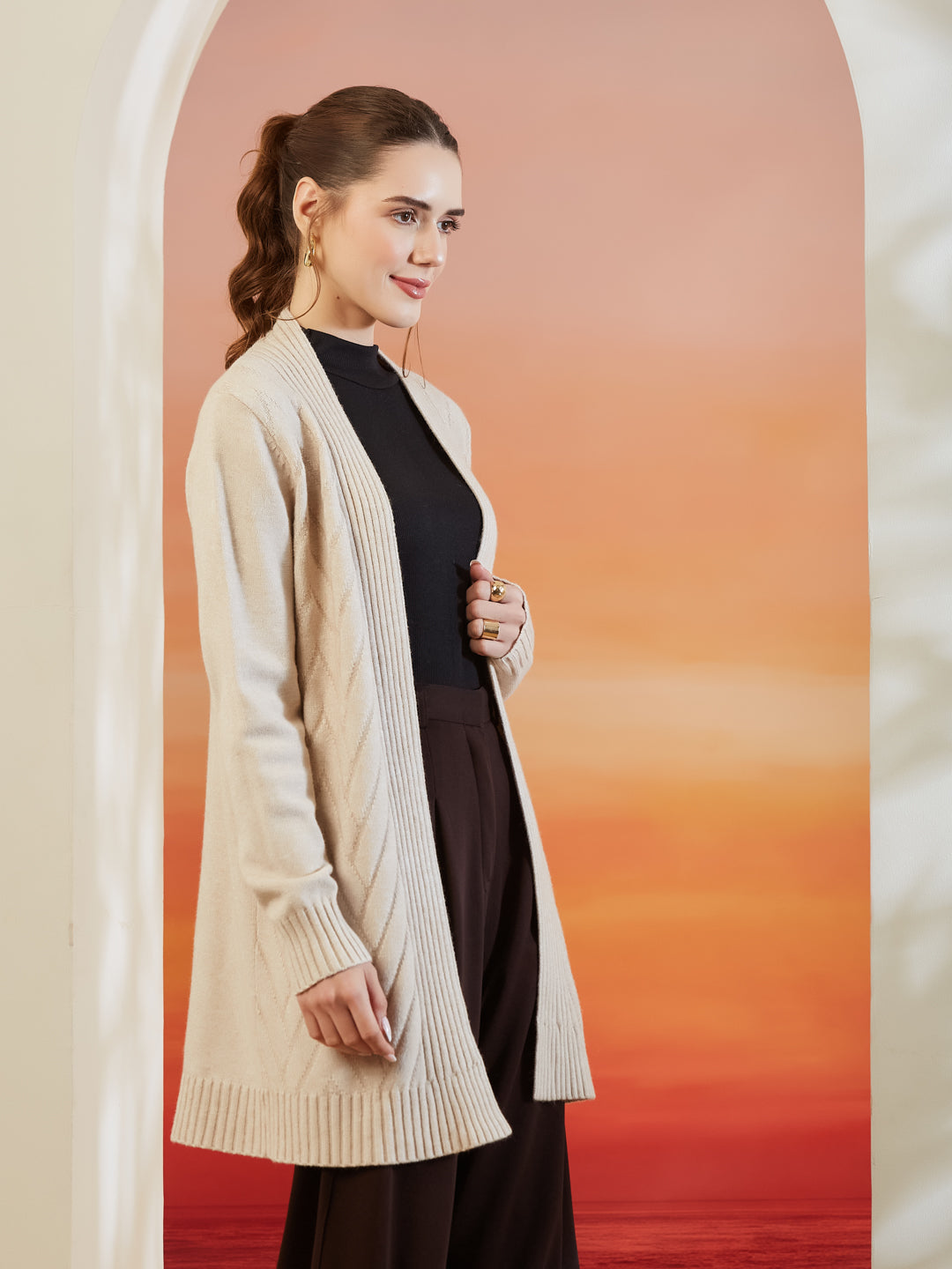 Latin Quarters Women Beige Shawl Neck Full Sleeve Solid Casual Shrug