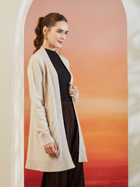 Latin Quarters Women Beige Shawl Neck Full Sleeve Solid Casual Shrug