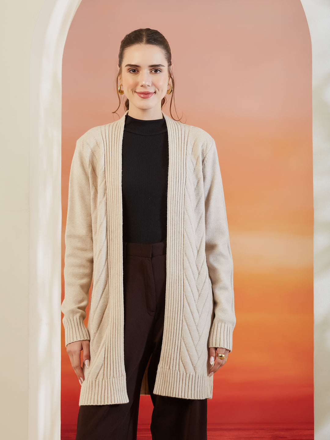 Latin Quarters Women Beige Shawl Neck Full Sleeve Solid Casual Shrug