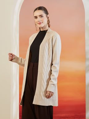 Latin Quarters Women Beige Shawl Neck Full Sleeve Solid Casual Shrug