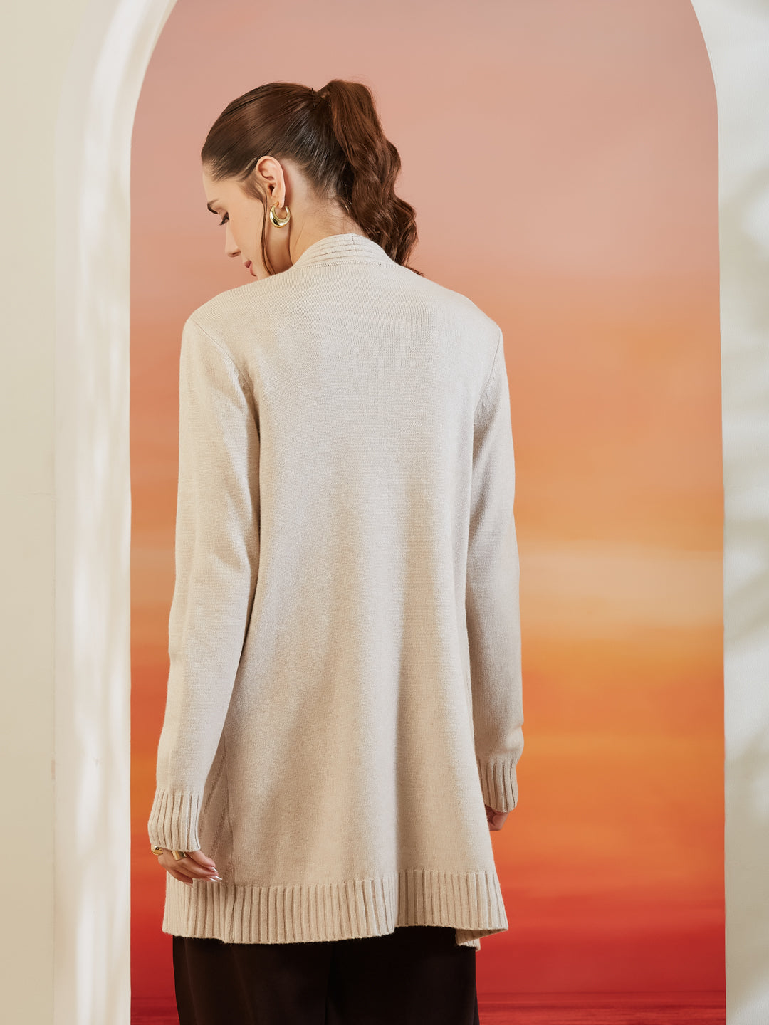 Latin Quarters Women Beige Shawl Neck Full Sleeve Solid Casual Shrug
