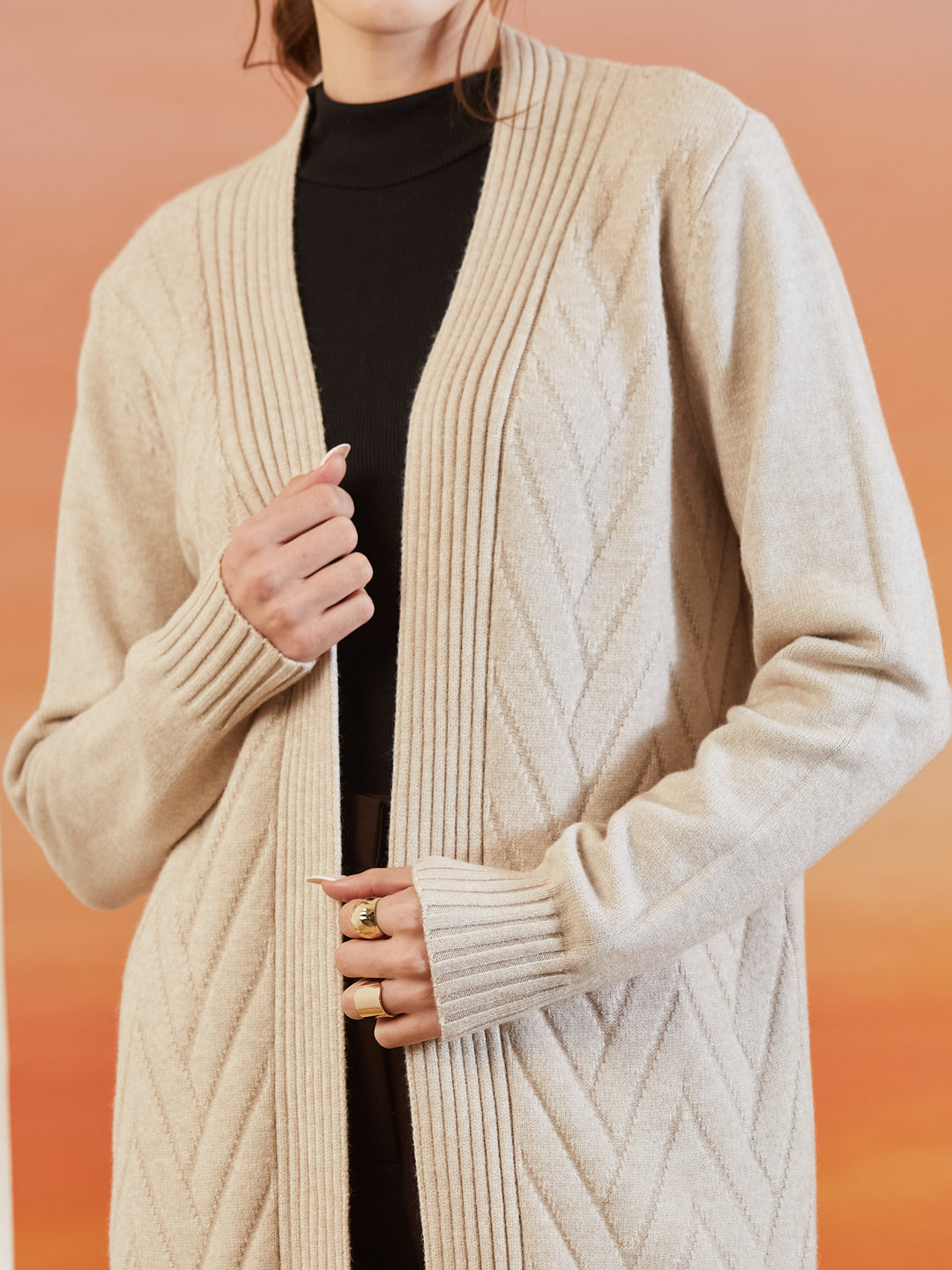 Latin Quarters Women Beige Shawl Neck Full Sleeve Solid Casual Shrug