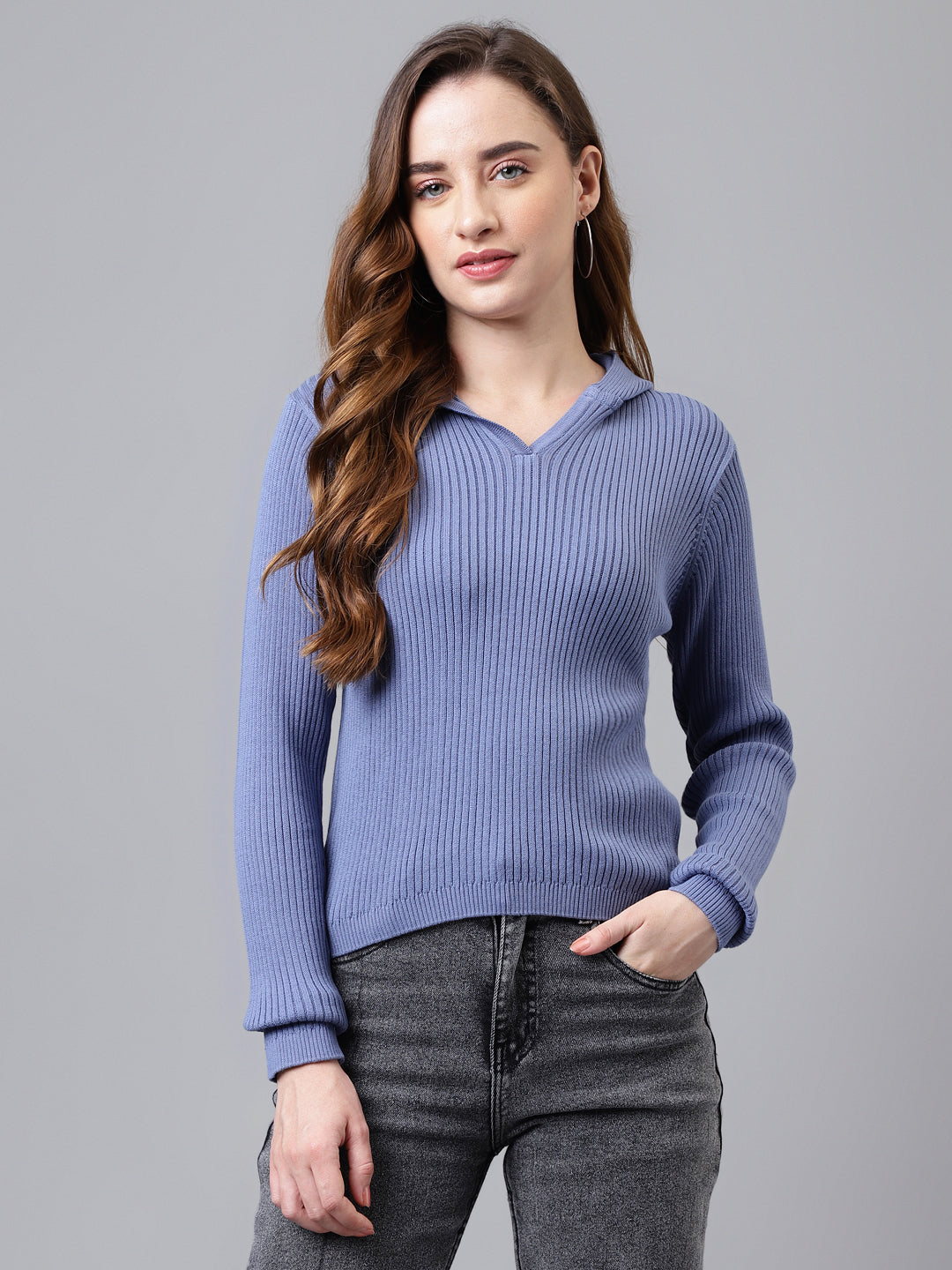 Blue Full Sleeve Solid Women Hoodie Sweater top for Casual