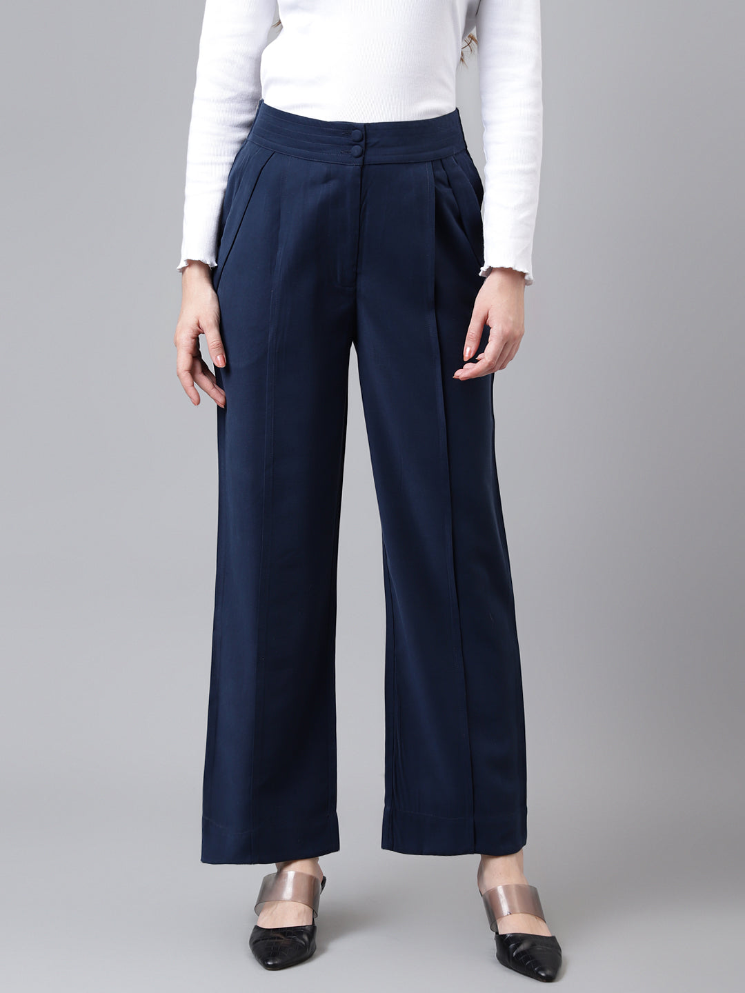 Blue Navy Solid Long Straight Pant