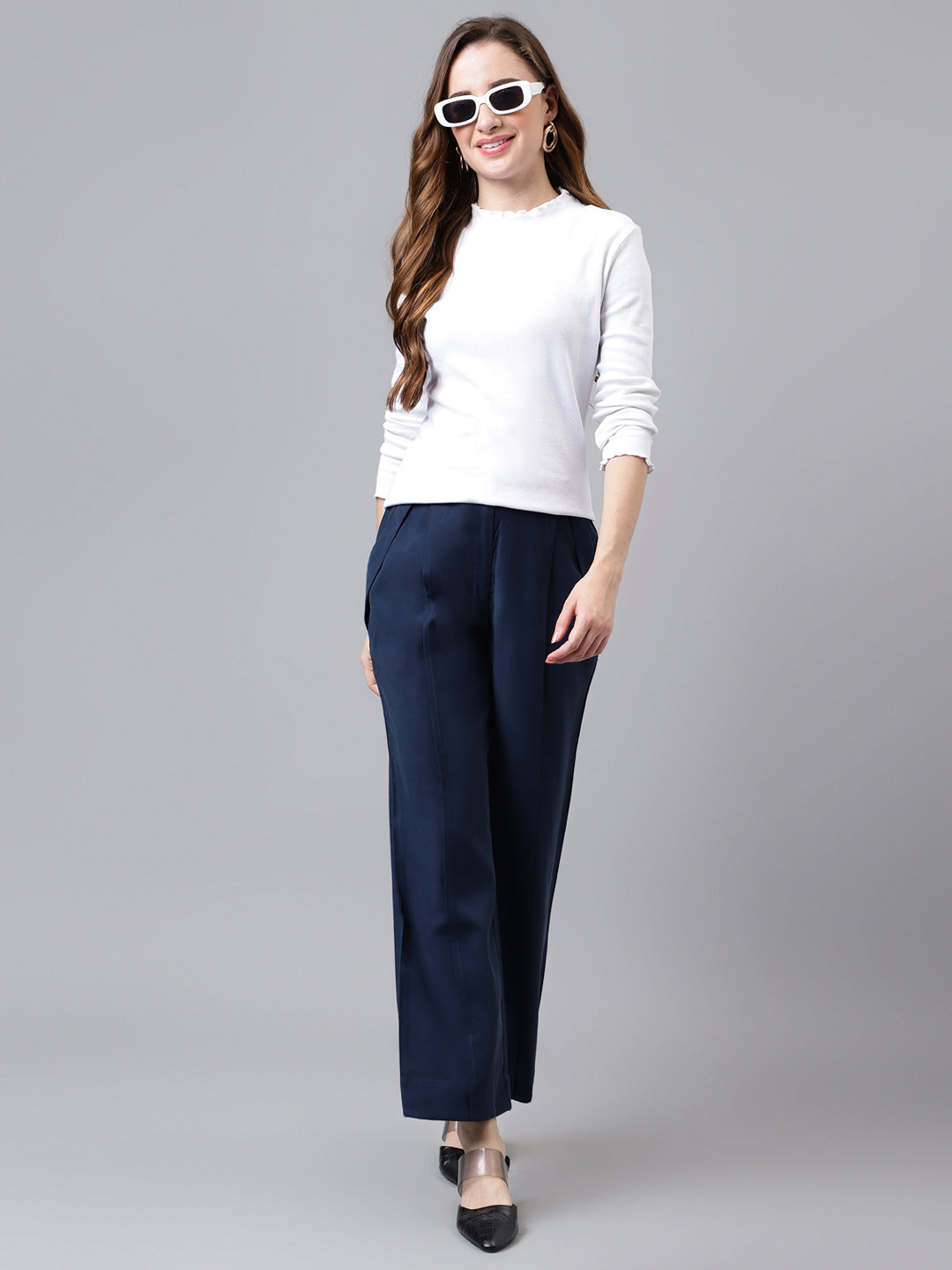 Blue Navy Solid Long Straight Pant