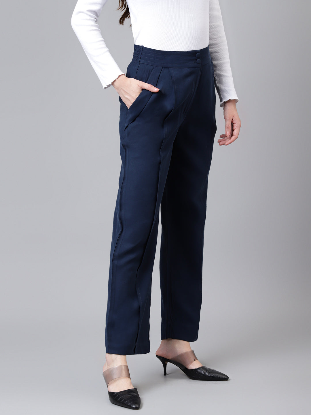 Blue Navy Solid Long Straight Pant