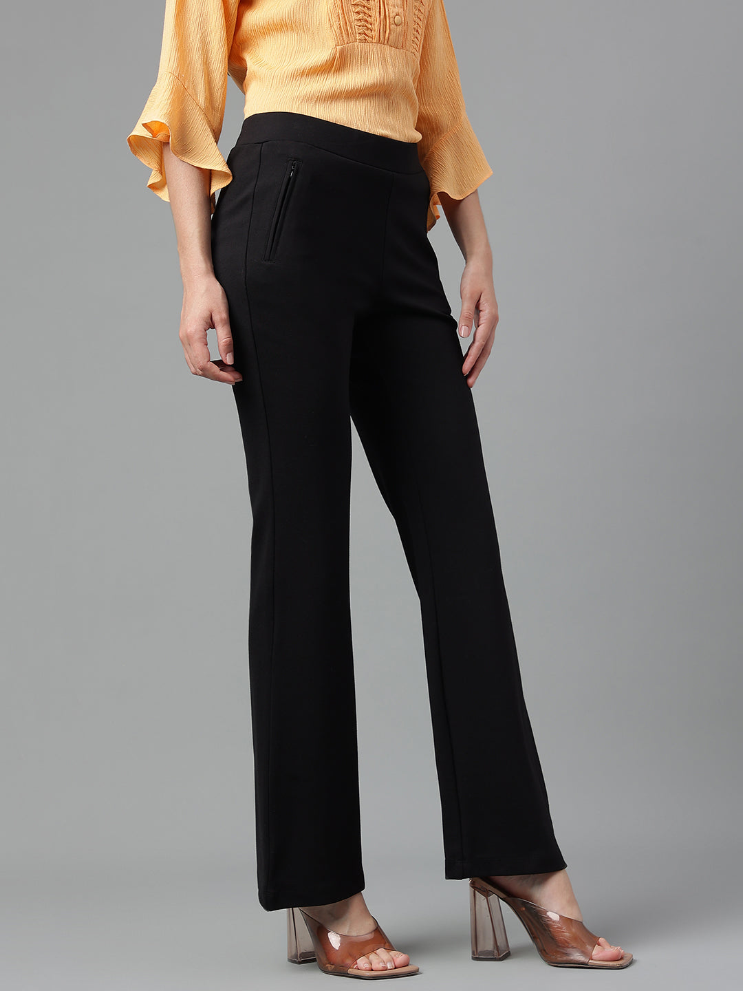 Black Straight Fit Trousers with Pockets For Casual Wear