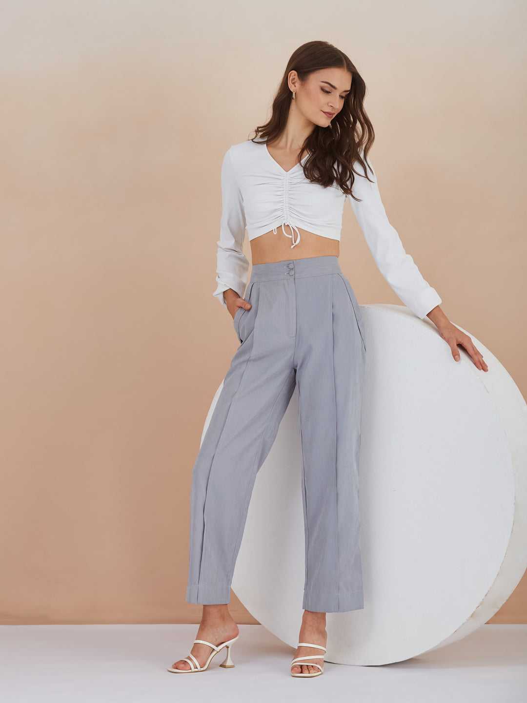 Latin Quarters Women Blue Solid High-Rise Wide Leg Trousers for Formal Occasion
