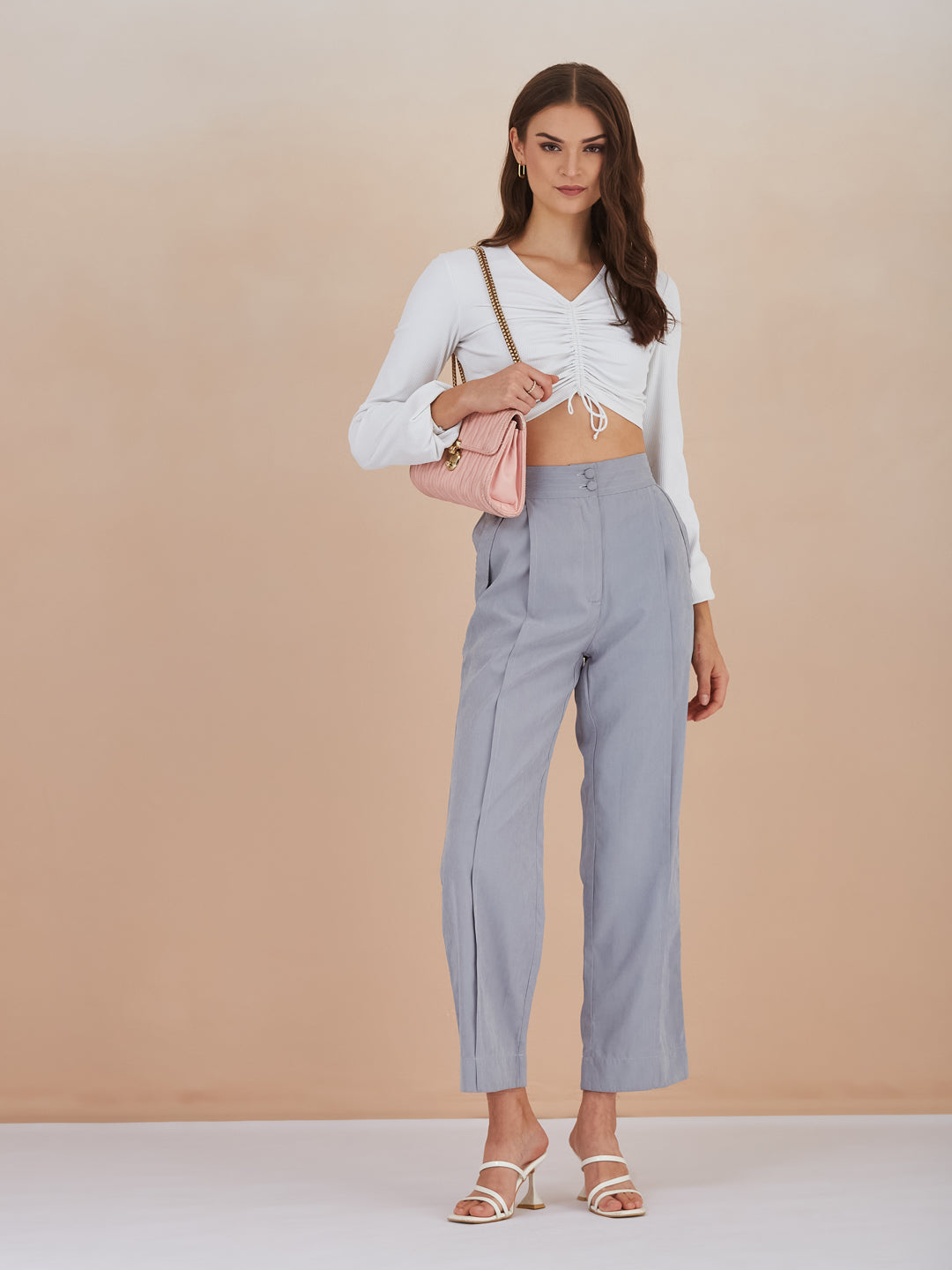 Latin Quarters Women Blue Solid High-Rise Wide Leg Trousers for Formal Occasion