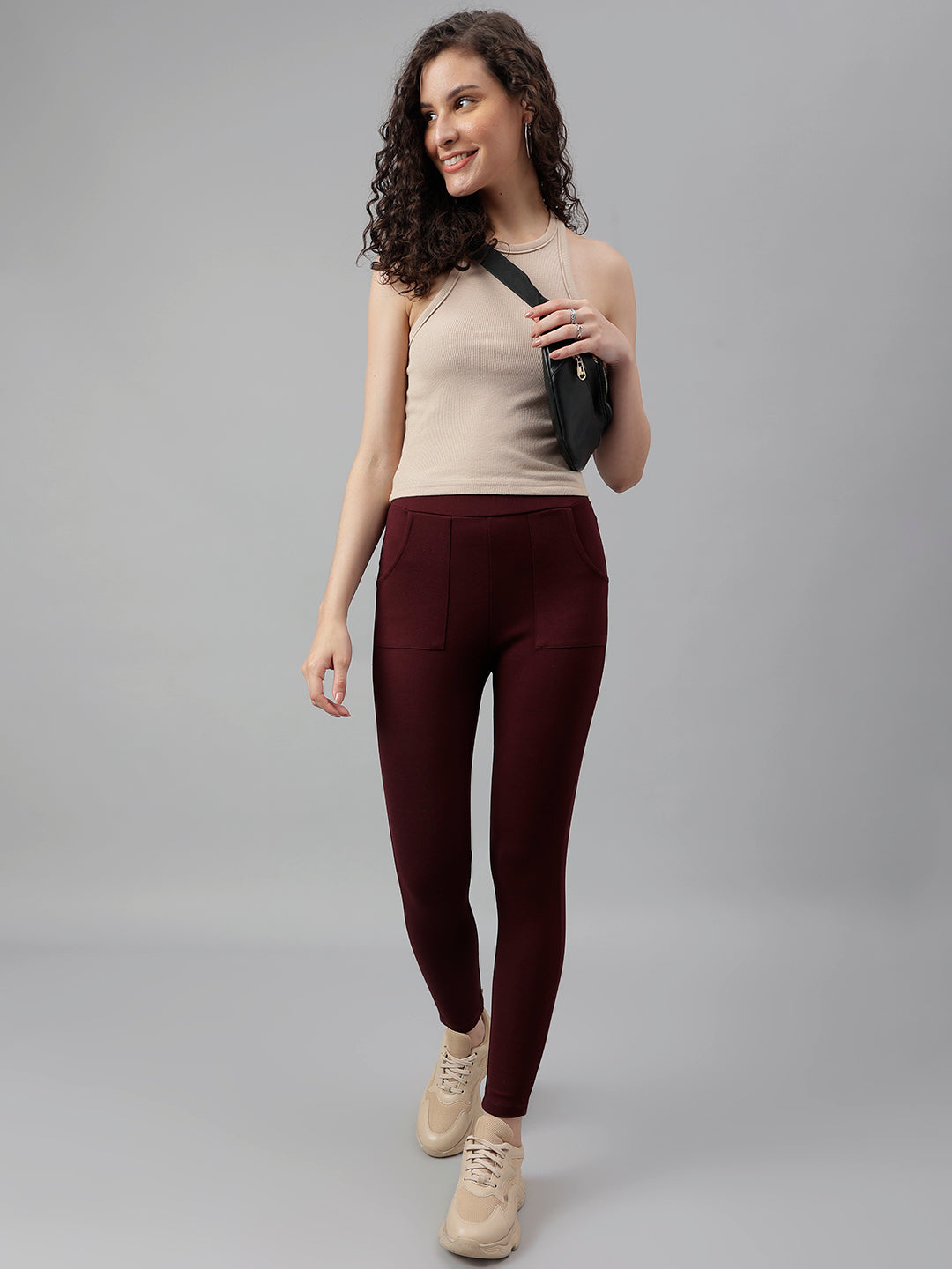 Wine Solid Jeggings Pant