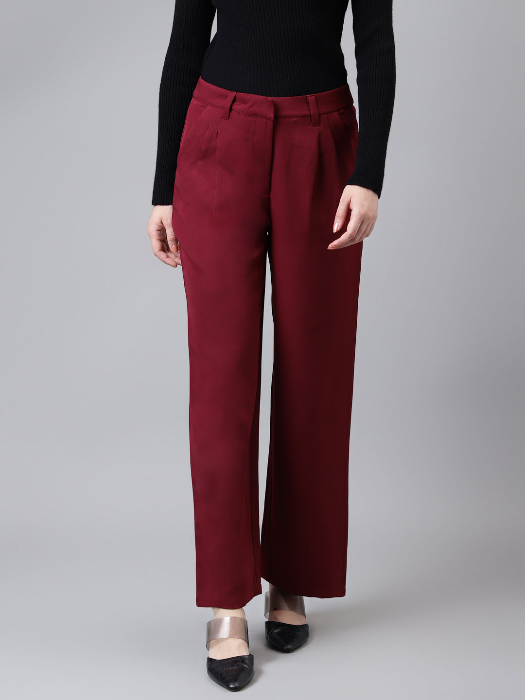 Maroon Solid Long Straight Pant