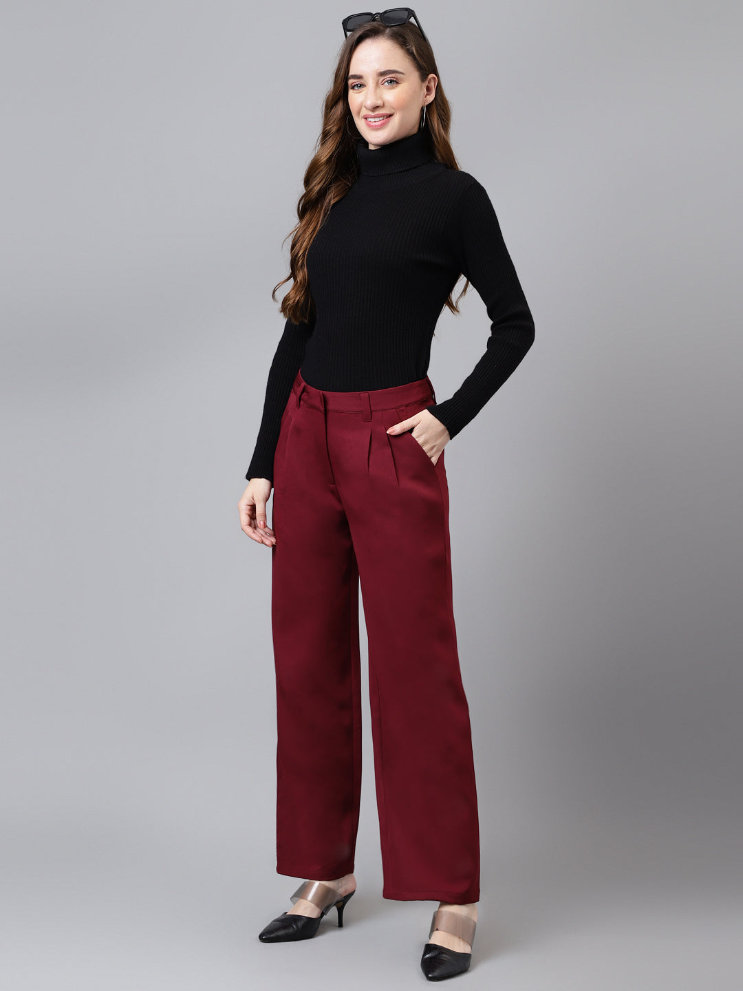 Maroon Solid Long Straight Pant