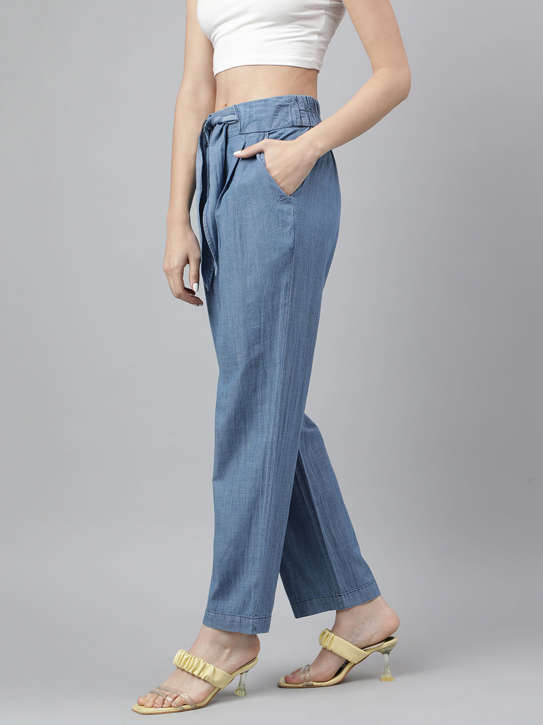 Blue Solid Straight Pant for Women Casual Wear