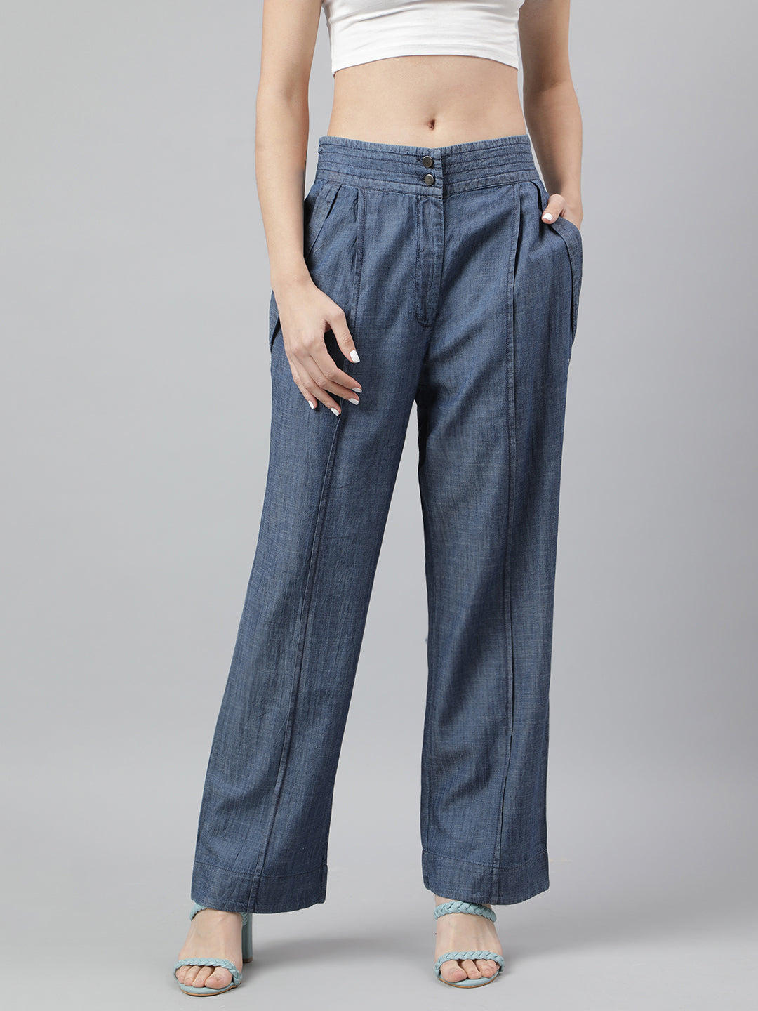 Blue Solid Straight Pant