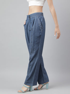 Blue Solid Straight Pant